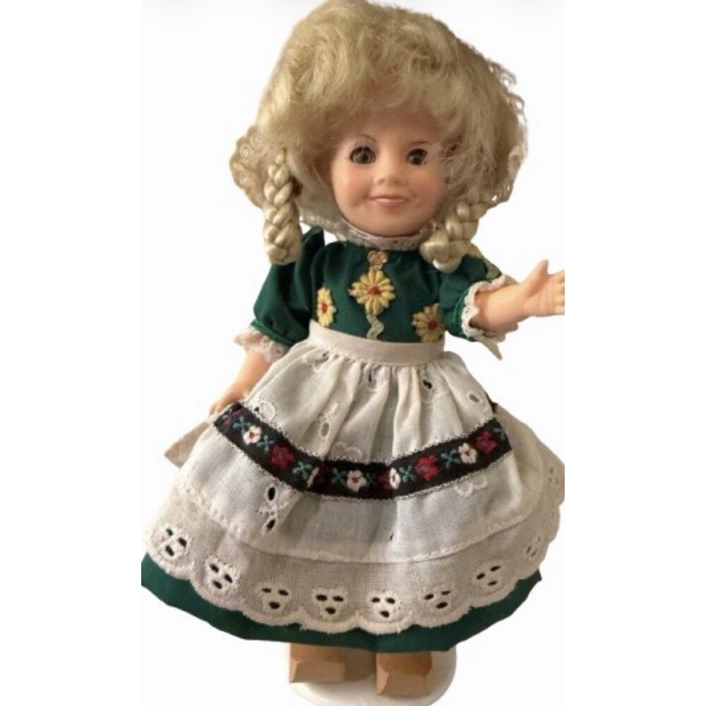 Vintage 1982 Ideal 8” Shirley Temple Dressed as Heidi Doll Wooden Shoes W/Stand